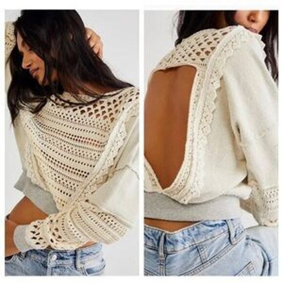 Free People Tops - Free People Lace Of Base Oversized Crochet Knit Open Back Pieced Sweatshirt